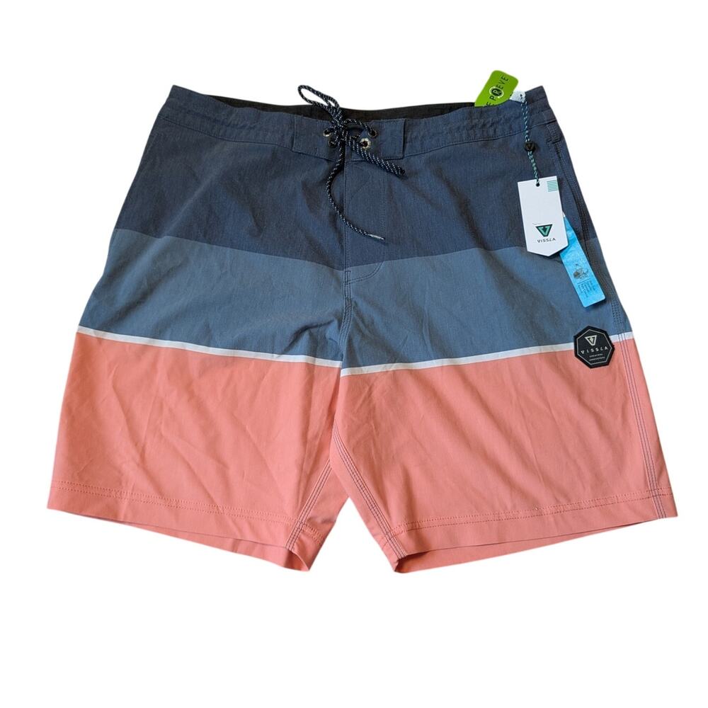 Vissla North Point Men Size 36 Blue Salmon Colorblock Board Shorts Swim Trunks